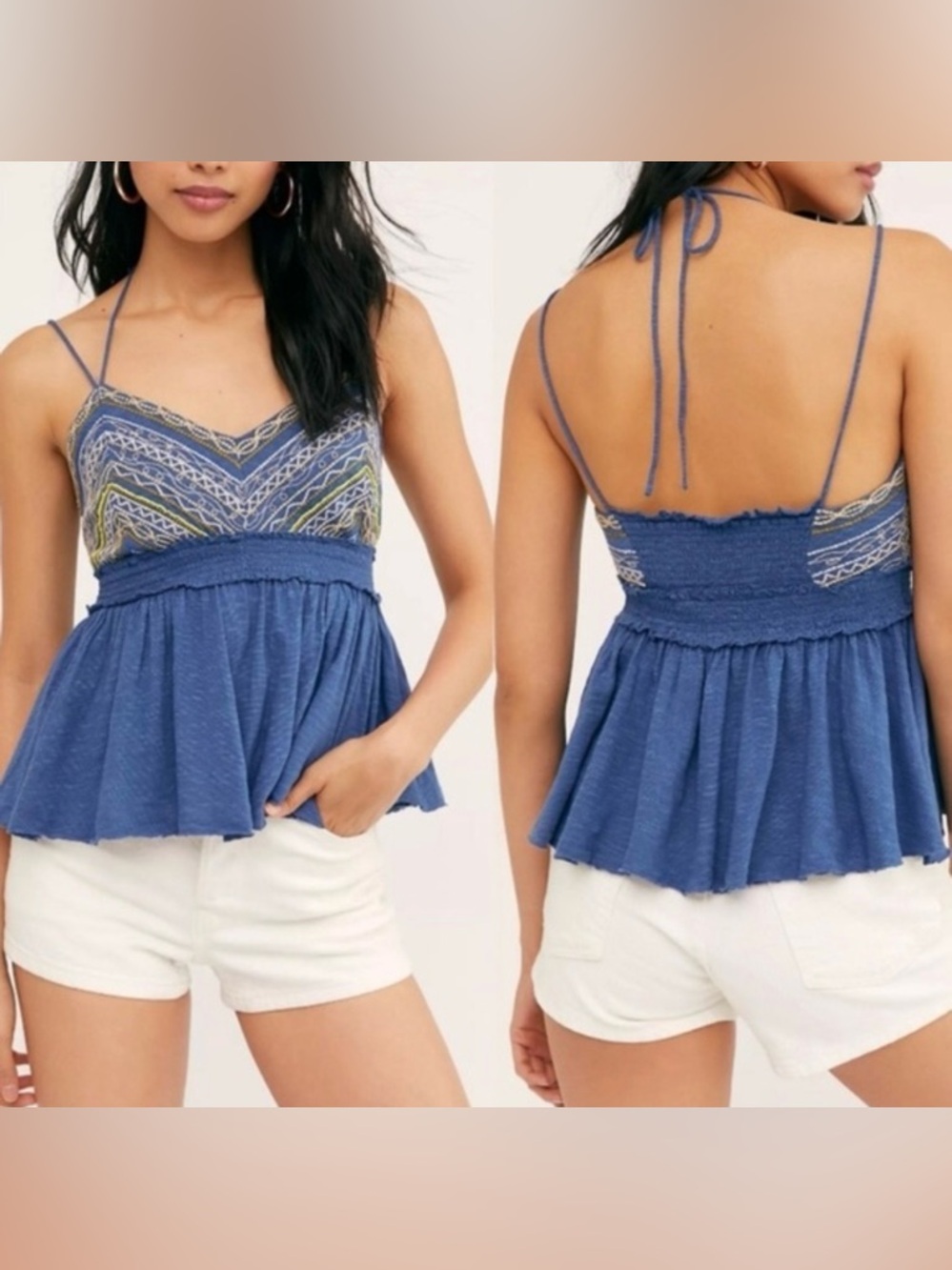 Free People Blue Embroidered Smocked Halter Peplum Camisole